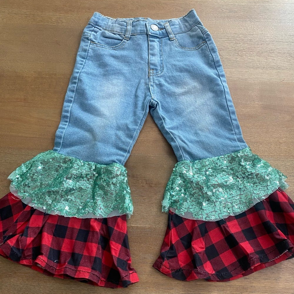 Dash of Glitter Kids Denim Ruffle Pants with Green and Red Accents